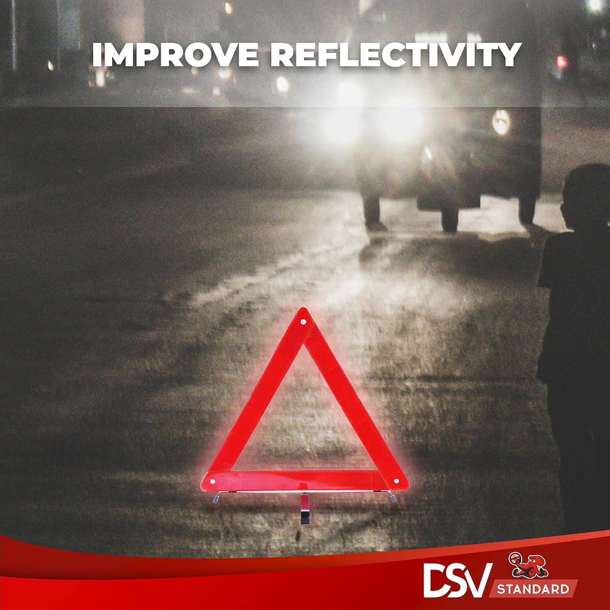 DSV Standard Warning Triangles, Reflective Triangles with Reinforced Cross Base and Carrying Case, Safety Triangles, 3-Pack
