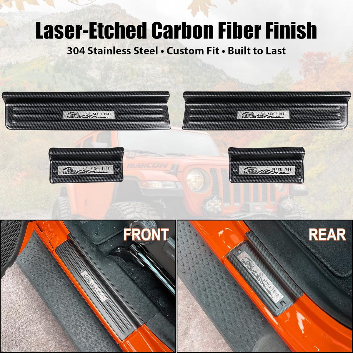 Rowa Door Sill Guards for Jeep 2018-2026 Wrangler JL JLU & 2020-2026 Gladiator JT, Carbon Fiber Pattern 304 Stainless Steel Door Entry Guard Full Coverage for Door Sill Protector (Patent Design)