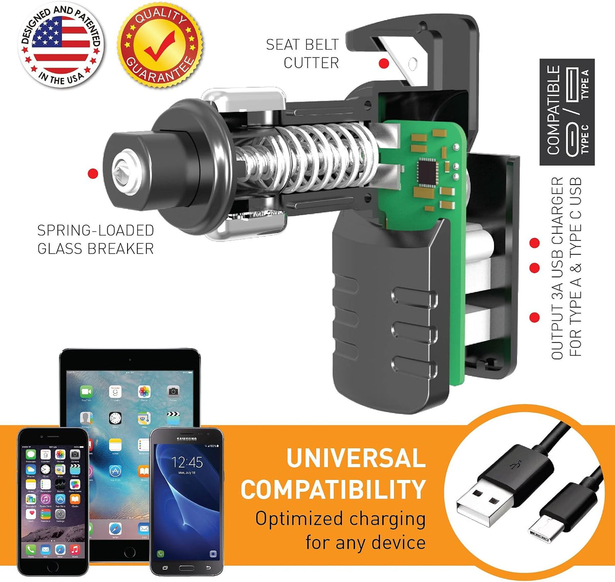 Stinger USA Type C Car Charger Emergency Escape Tool 1 USB-C 2USB-A 3.0A