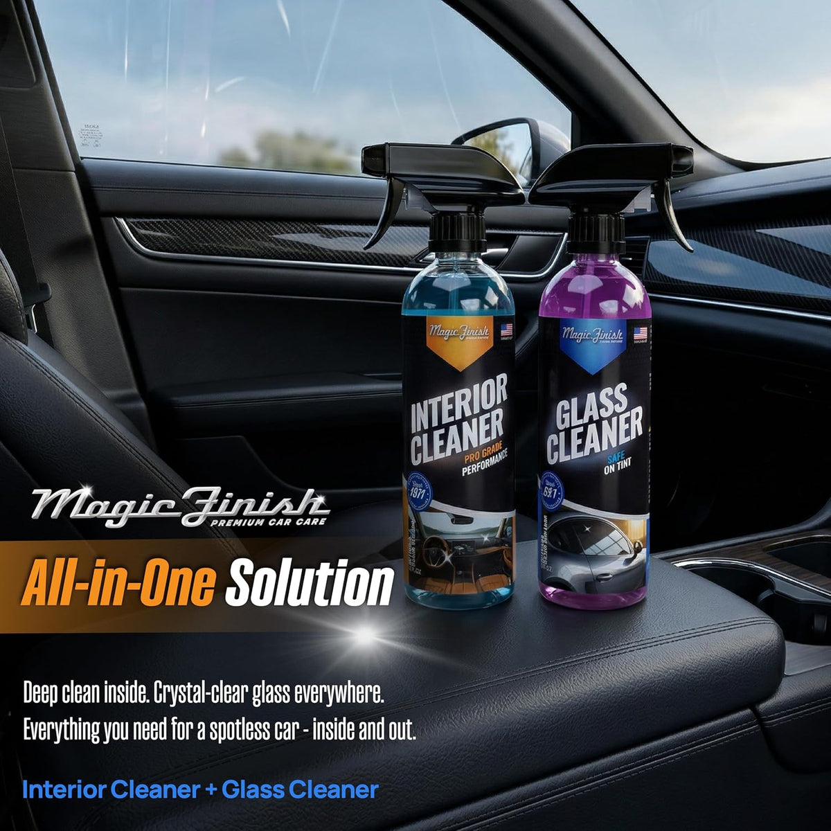 Magic Finish Vehicle Interior &amp; Glass Cleaning Spray Kit (16 fl oz Each) – Streak-Free Glass Cleaner + Car Interior Cleaner Spray – Tint Safe, Anti-Fog, Non-Greasy Finish, Complete Car Detailing Kit
