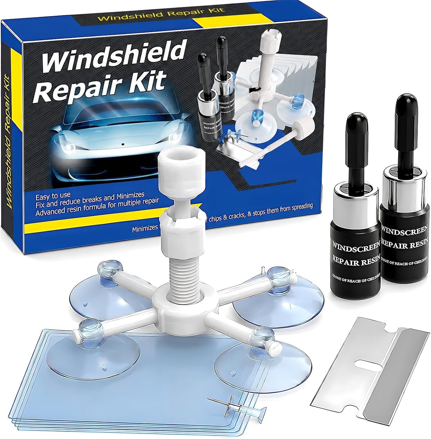 Windshield Repair Kit, Windshield Crack Repair Kit,2 Pcs Car Glass Repair Kit Quick Fix for Chips & Cracks, Windshield Chip Repair Kit, Automotive Nano Repair Kit（Blue）
