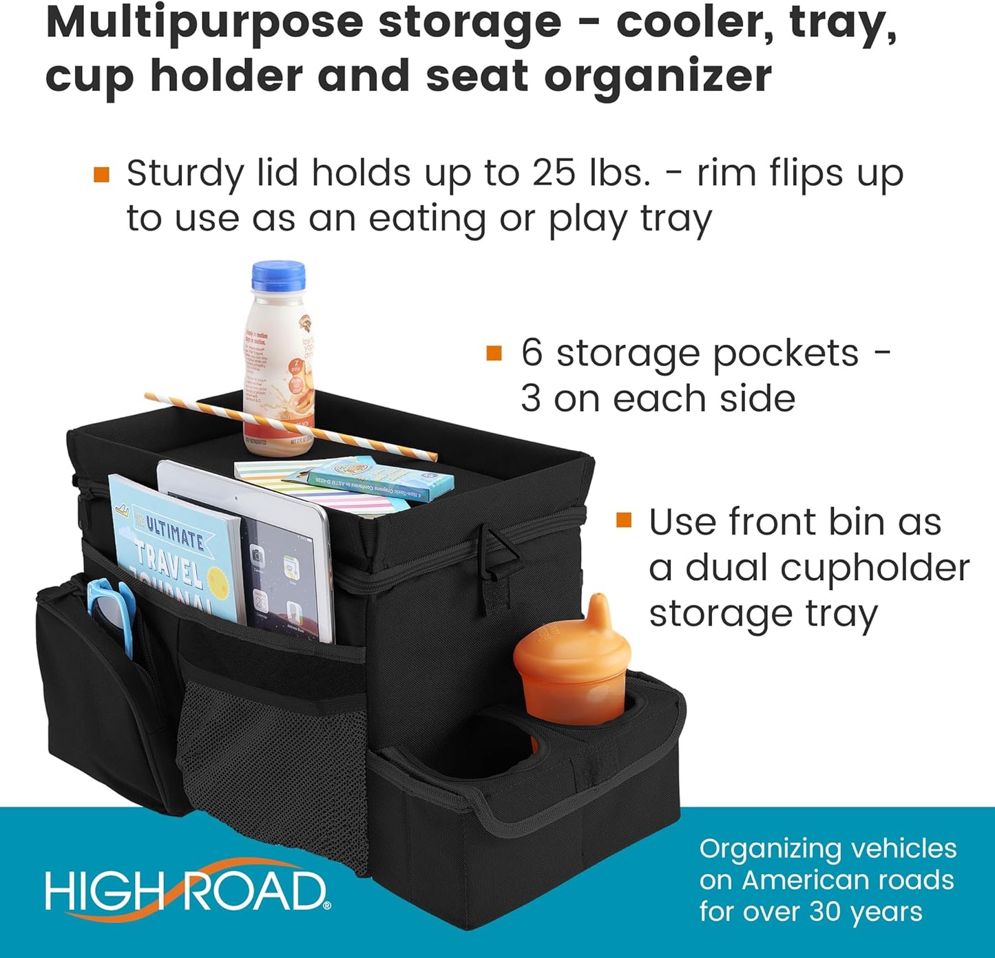 High Road CarHop Car Caddy Organizer with Road Trip Cooler, Car Cup Holder Bin, Sturdy Snack and Play Lid and 6 Organization and Storage Pockets, Black