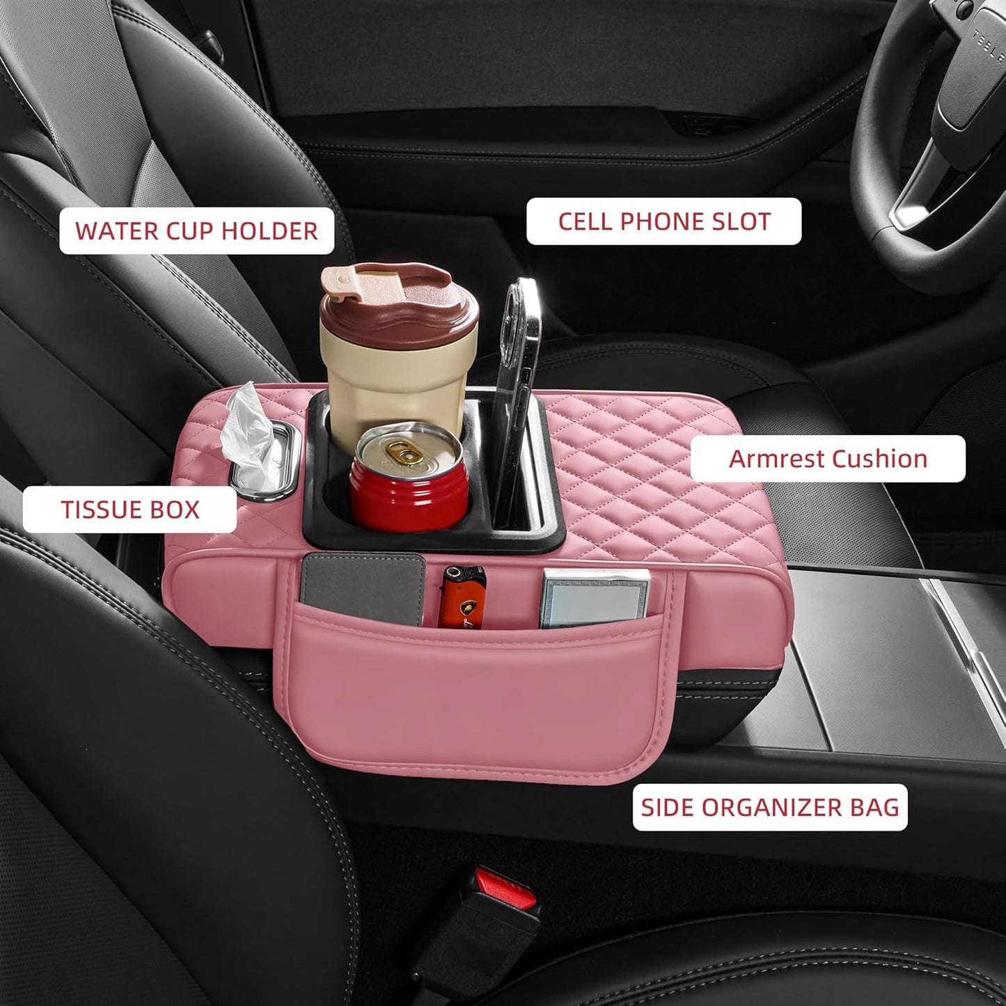 5 in 1 Nappa Leather Console Armrest Cover, Pink | Built-in cup holder, tissue slot, phone holder & 2 storage pockets, practical car accessories fit SUV sedan truck