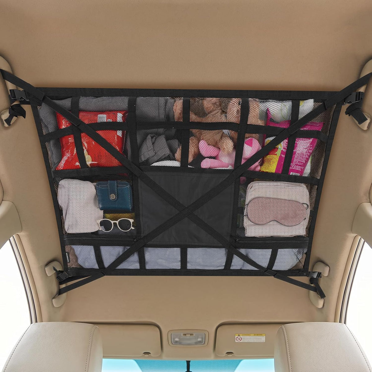 Extra Large Car Ceiling Cargo Net 39.3" x 23.6" for SUV,Truck & Van,Double Layer Roof Storage Organizer with Adhesive Straps,Overhead Mesh Holder for 4 Handle Vehicles,Camping Travel,Orange