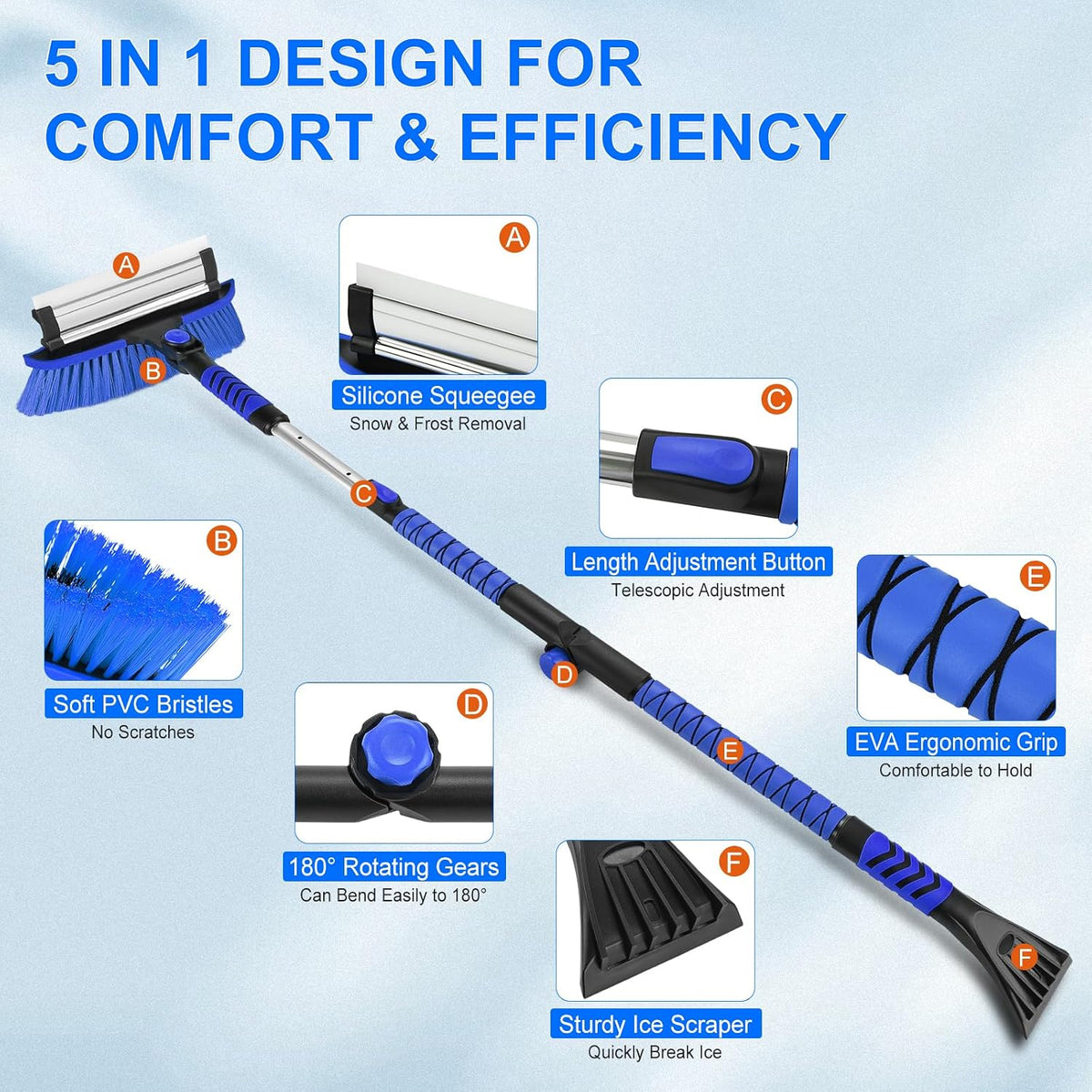 Foldable & Extendable Snow Brush and Ice Scraper for Car, 62.4", Blue