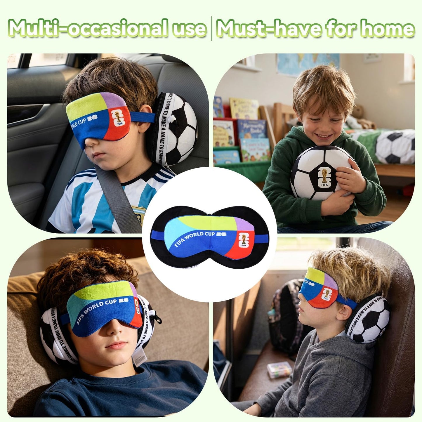 MESUCA FIFA World Cup 2026 Travel Pillow with Eye Mask - Official FIFA World Cup 2026 Merchandise -Soccer Ball Design Neck Pillow 2-in-1 Comfort for Traveling,Car,or Train