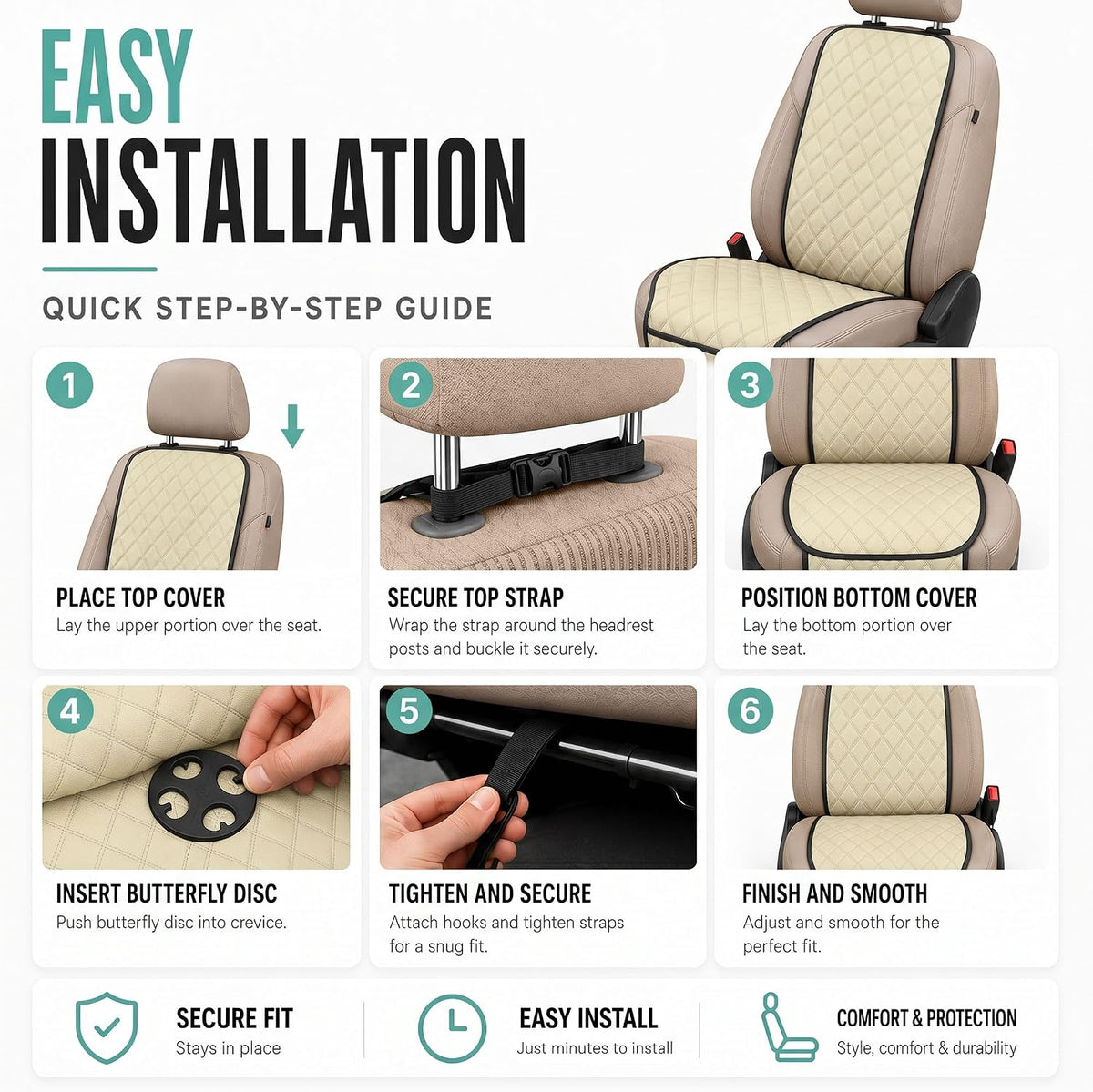 FH Group Car Seat Cushion – Neosupreme Single Front Seat Cover with Front Pockets, Airbag Compatible, Universal Fit Car Seat Cushion for Driver or Passenger Seat, SUV, Truck, Sedan & Van – Beige