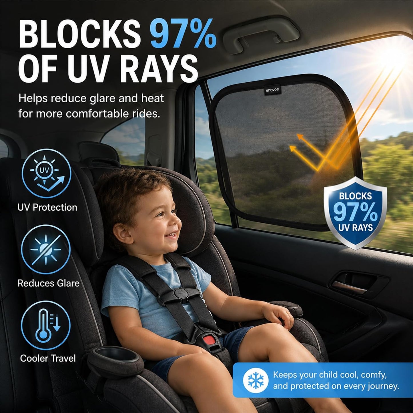 Enovoe Car Window Shades for Baby (4 Pack) - 21"x14" - Sun Shade Blocker, Cling - Glare Shield and UV Rays Protection for Your Child - Side Windows Screens for SUV- Mesh Window Shades for Car Baby