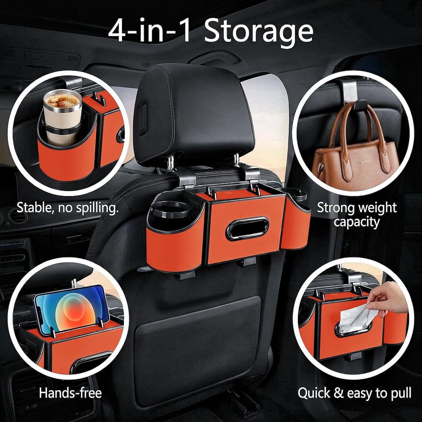 Back Seat Car Organizer, Nappa Leather Car Seat Organizer with Cup Holders and Tissue Box, Premium Hanging Storage Bag for SUV Truck Road Trip (Orange)