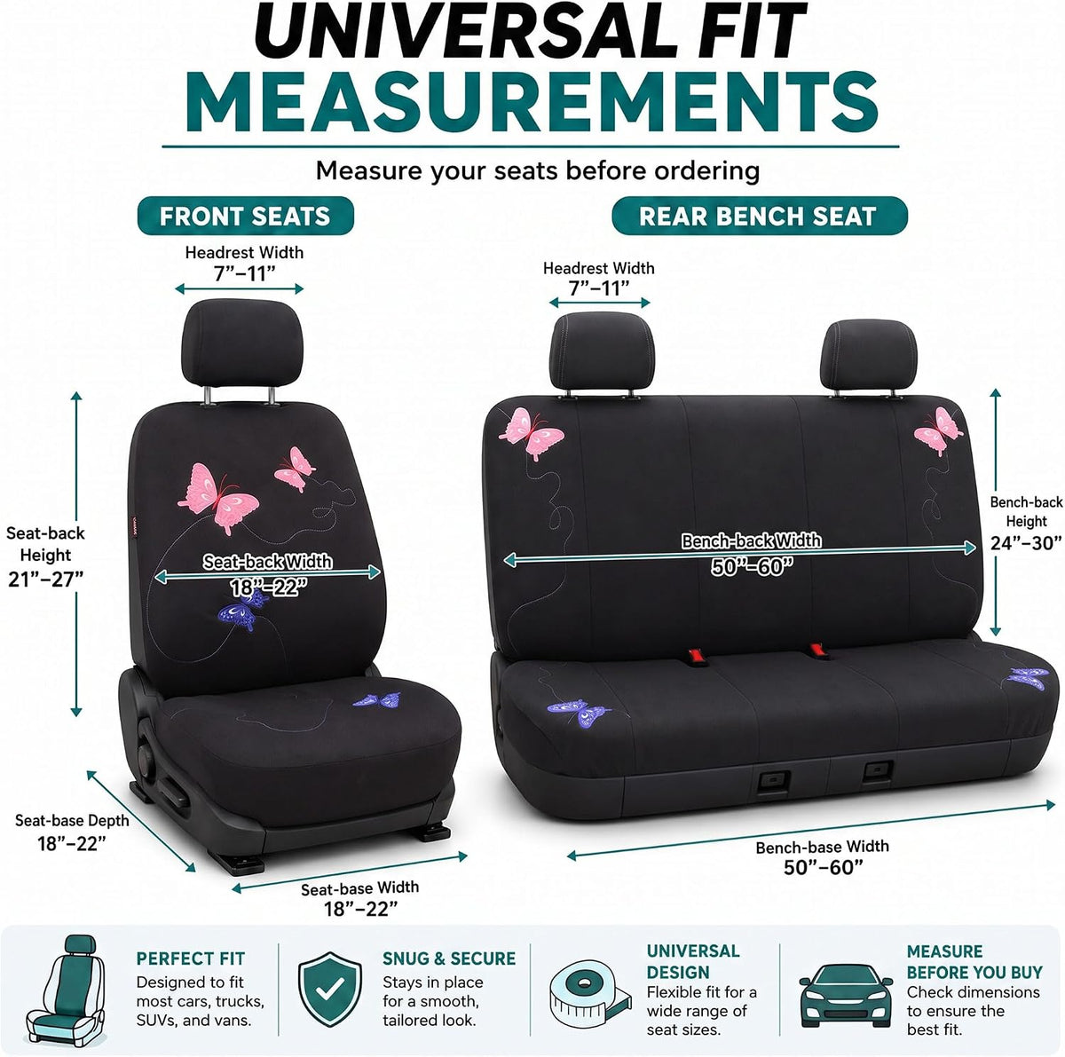 FH Group Full Set Butterfly Cloth Car Seat Covers - Universal Fit, Low Back Front Seat Covers, Solid Back Seat Cover, Washable Seat Cover for SUV, Sedan, Van, Black