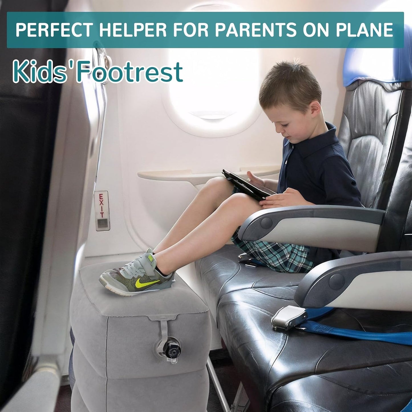 Inflatable Travel Foot Rest Pillow, Adjustable 3 Layers Height Leg Rest Pillow, Kids Airplane Bed, Adults Travel Essentials on Plane, Trains, Cars, Office, Home (Grey, 1 PC)