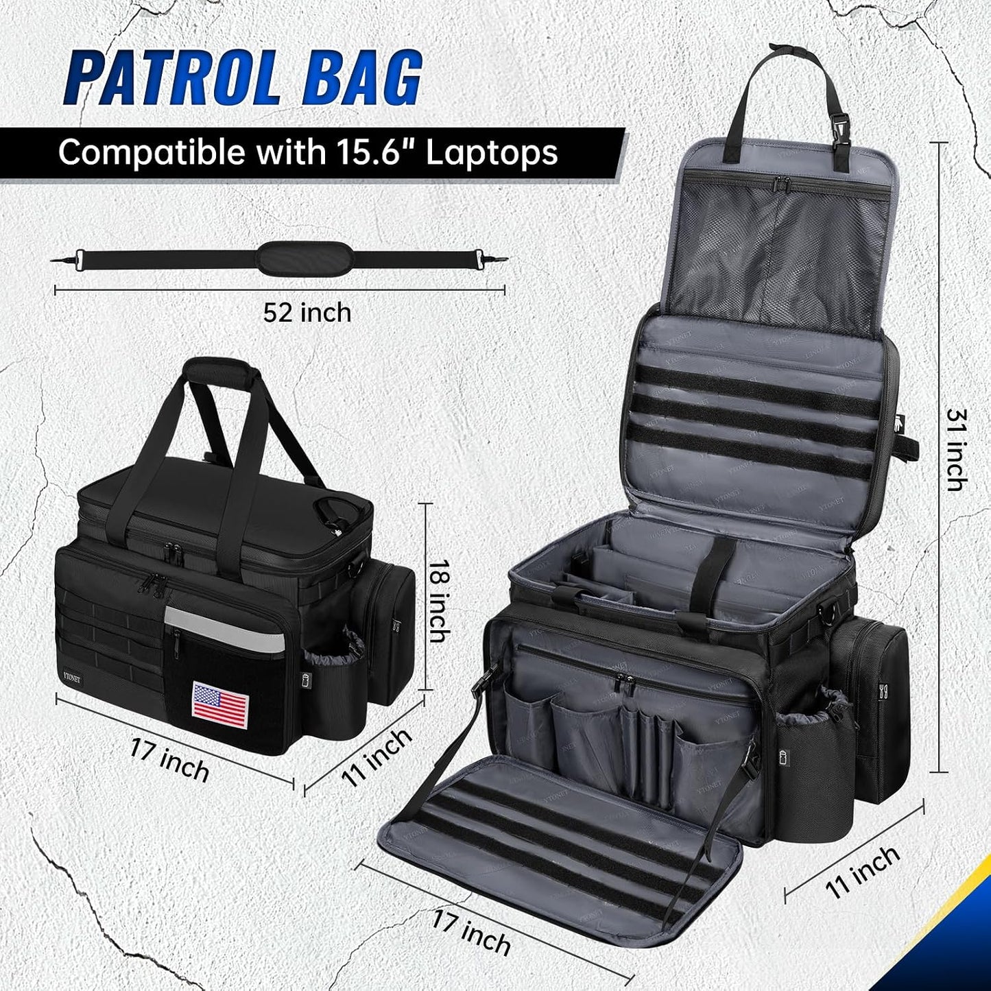 Patrol Bag Law Enforcement, Extra Large Police Gear Bag for Car Front Seat Organizer with a MOLLE Pouch & 15.6In Laptop Layer, Multiple Compartments Police Duty Bags Fit Passenger Seat, Pure Black