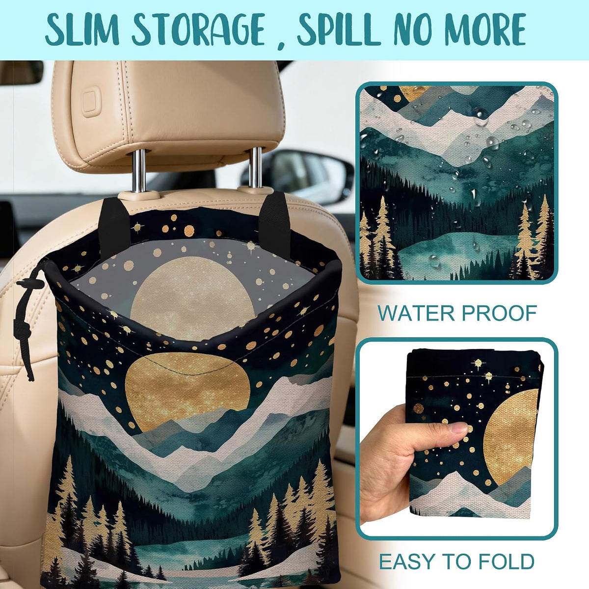 Car Trash Bag Golden Moon Snowy Mountains Hanging Drawstring Car Organizer and Storage Bag with Adjustable Buckle Canvas Garbage Bin for Back Seat or Hanging Headrest Car Decor