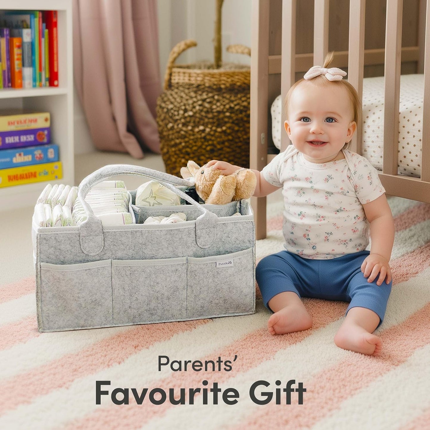 PUTSKA Baby Diaper Caddy Organizer - Nursery Storage Basket for Diaper Station, Baby Basket Shower Gift List and Registry Must-Have, Newborn Essentials, Nursery Decor for Boy or Girl - Grey, Large