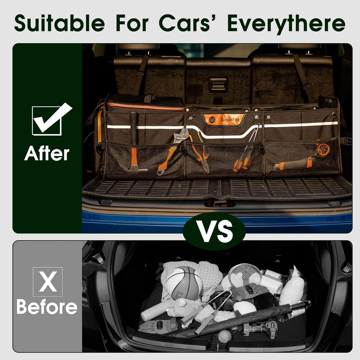 SugarFox Car Trunk Organizer for SUV, Heavy Duty Waterproof Trunk Organizer, Foldable Collapsible Car Organizer with Cooler, Multi-Compartment Large Trunk Organizer (95L), Black-M003
