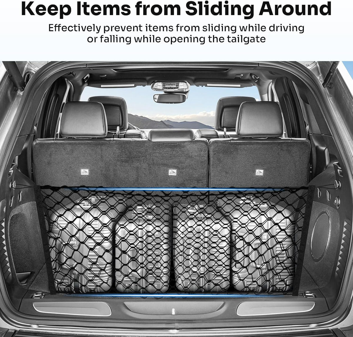 Canvcle Trunk Cargo Net for 2011-2021 Jeep Grand Cherokee Accessories Envelope Style Mesh Trunk Net Organizer and Storage Stretchable Adjustable Elastic Nylon Rear Cargo Netting with Hooks
