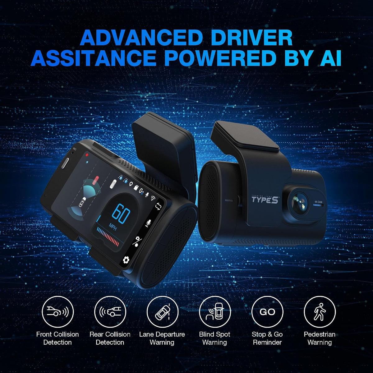 Type S T200 AI Driver Assistance Dash Cam Powered by ADAS, 1440p, Collision Alerts, Lane and Pedestrian Detection, Vehicle Departure Reminders, Front Rear 2 Channel Smart 24/7 Video Surveillance