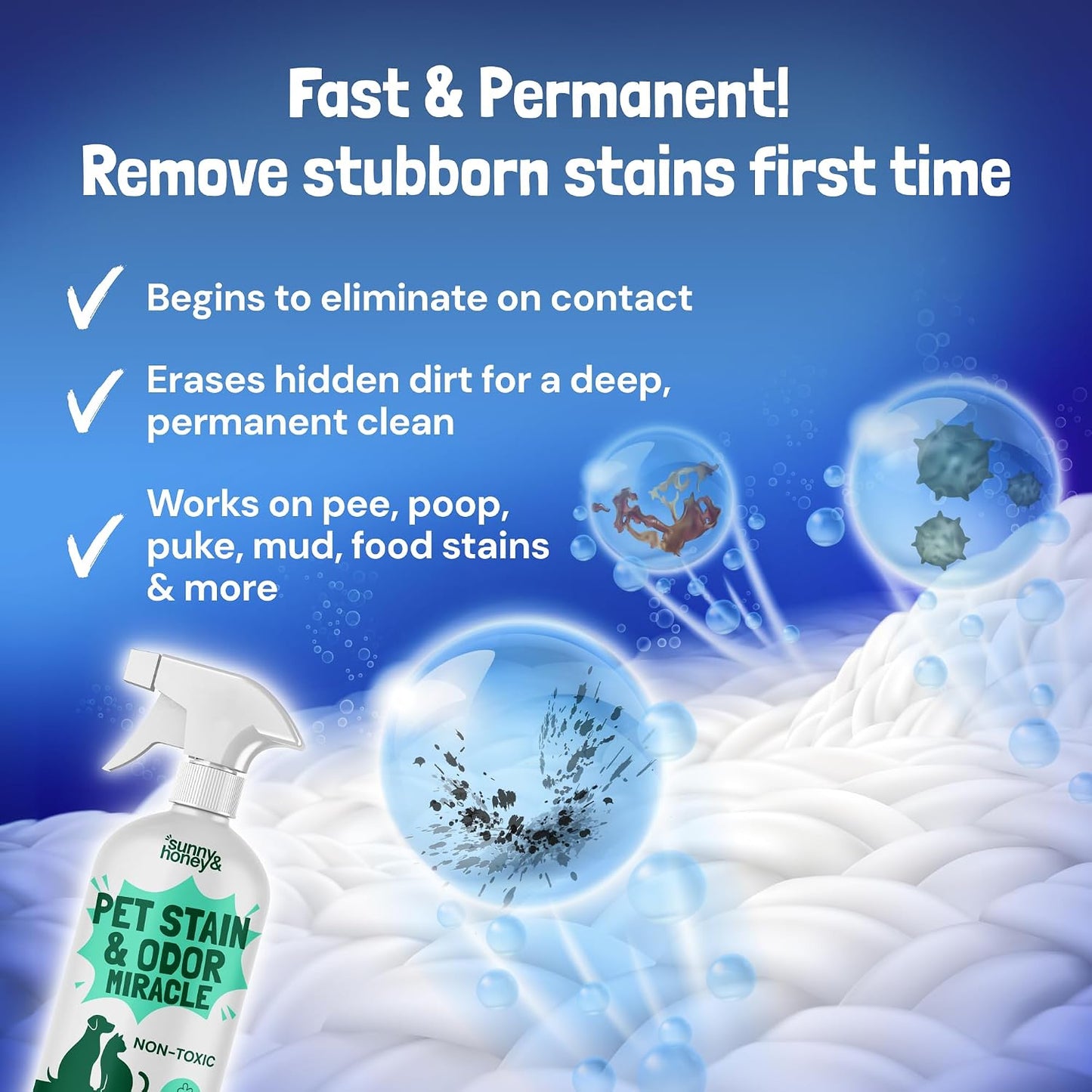 Sunny & Honey Pet Stain and Odor Remover Spray for Carpets, 32floz Mint | USA Made - Enzyme Cleaner for Dog Urine & Poop - Eliminates Set In Stains - Color Safe - For Rugs, Furniture & Car Seats