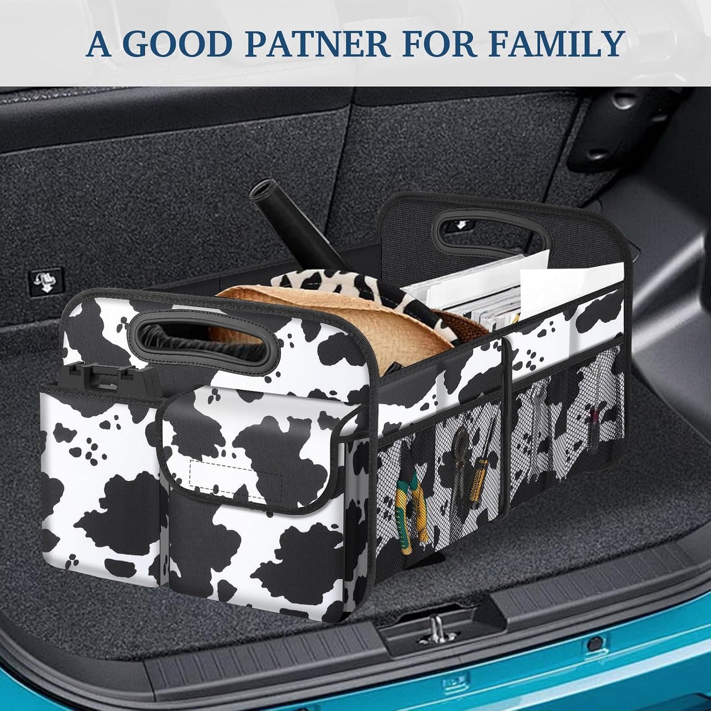 Femuar Car Trunk Organizer, Cow Print, Vintage Style, 52L Capacity, 4 Compartments, Waterproof, Non-Slip, Collapsible, 22.5"D x 18"W x 10.8"H