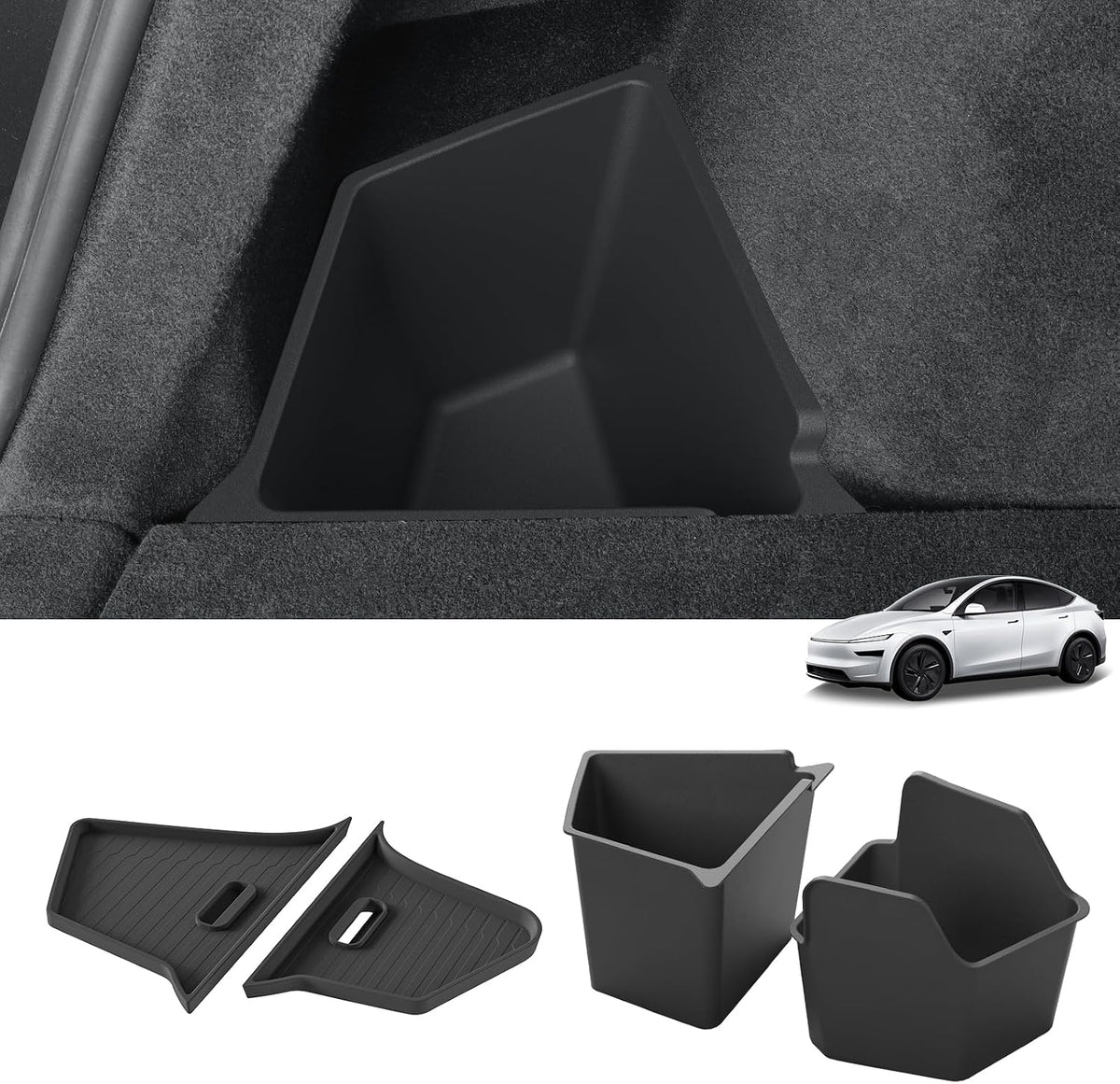 LUCKEASY Rear Trunk Storage Bins for Tesla Model Y Juniper 2025 2026 | Model Y Standard & Premium & Performance, Trunk Side Storage Box with Lids, Rear Cargo Garbage Bins, TPE, Accessories, Black