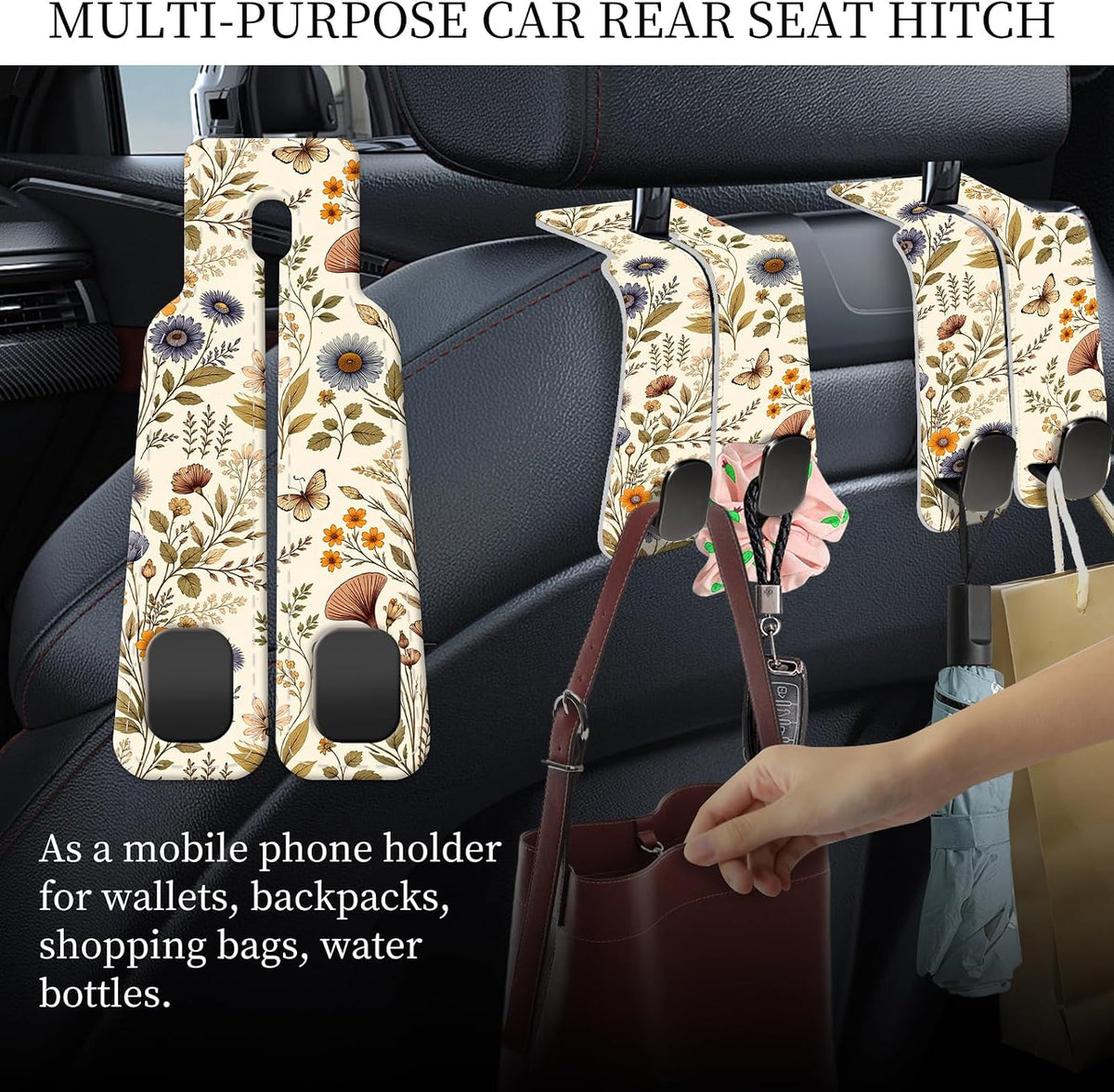 PU Leather Car Seat Hook, Storage Headrest Hanger, Cute Car Backseat Organizer, Car Hooks For Purses and Bags, Vintage Botanical