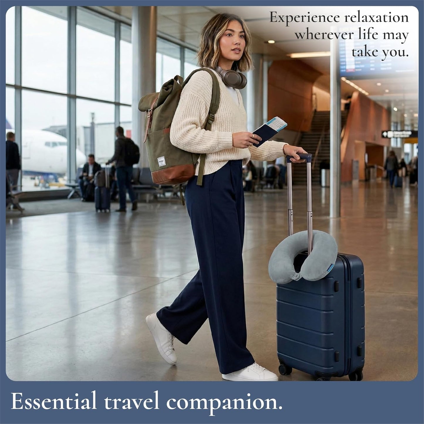 Brookstone Travel Neck Pillow - Lightweight U-Shaped Memory Foam Travel Pillow for Airplane, Car Travels & Sleeping, Grey