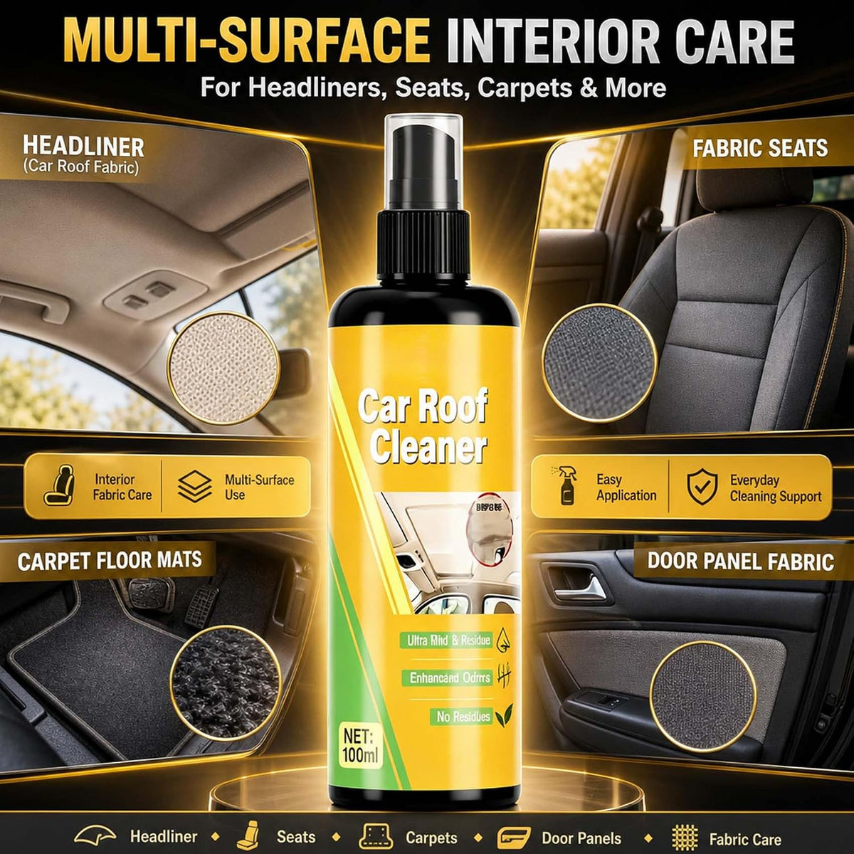 Deep Cleaning Car Roof Cleaner, Multi-purpose Car Headliner Deep Cleaning Cleaner, Multifunctional Cars Interior Roof Fabric cleaning Spray (2PCS)