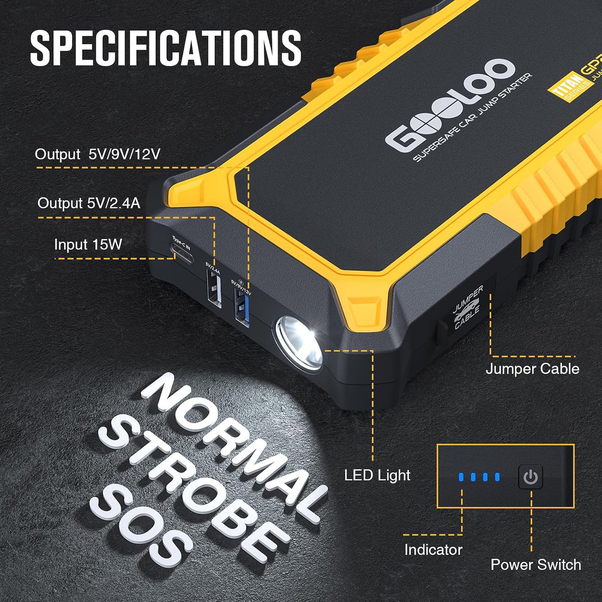 GOOLOO GP2000-2000A Portable Car Battery Jump Starter for 12V Vehicle