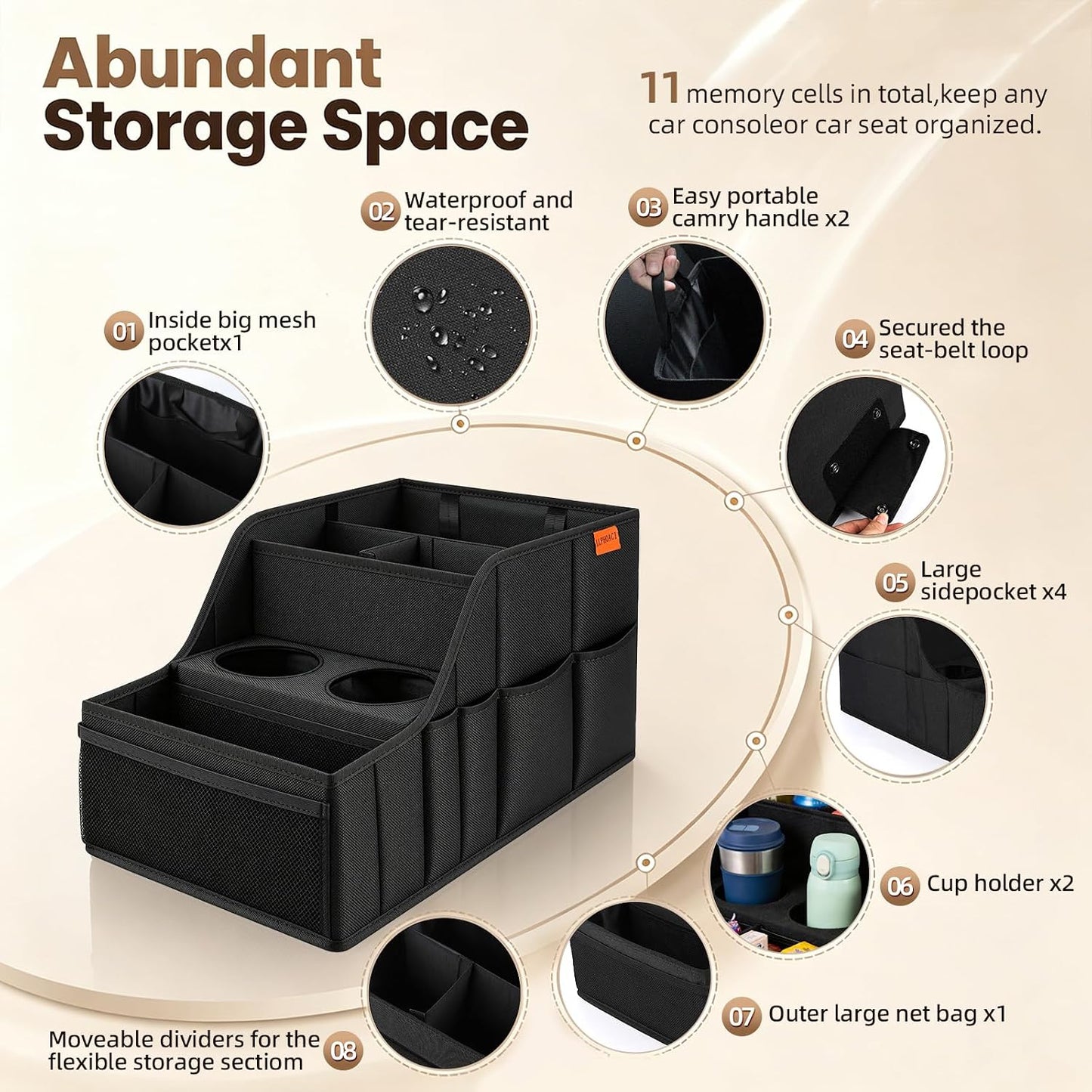 Car Seat Organizer Back Front Captains Seats Storage Travel | Car Organizer, Back Seat Car Organizer, Car Seat Organizer Front Seat – 9 Compartments, 2 Cup Holders – Foldable, Black.