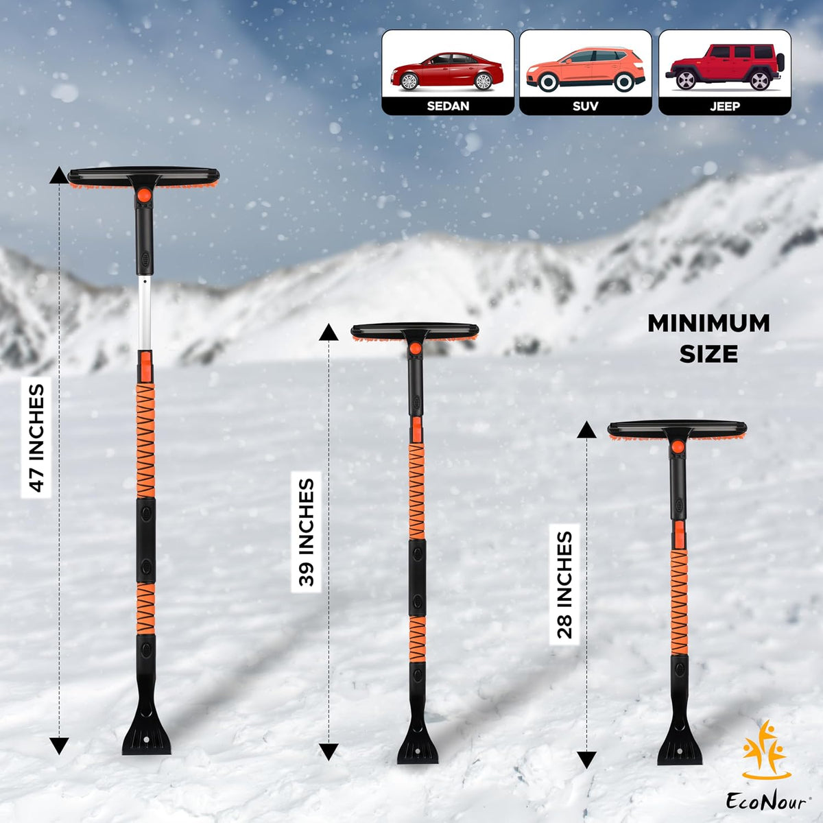 EcoNour 47" Extendable Snow Brush and Ice Scraper Pivoting Squeegee