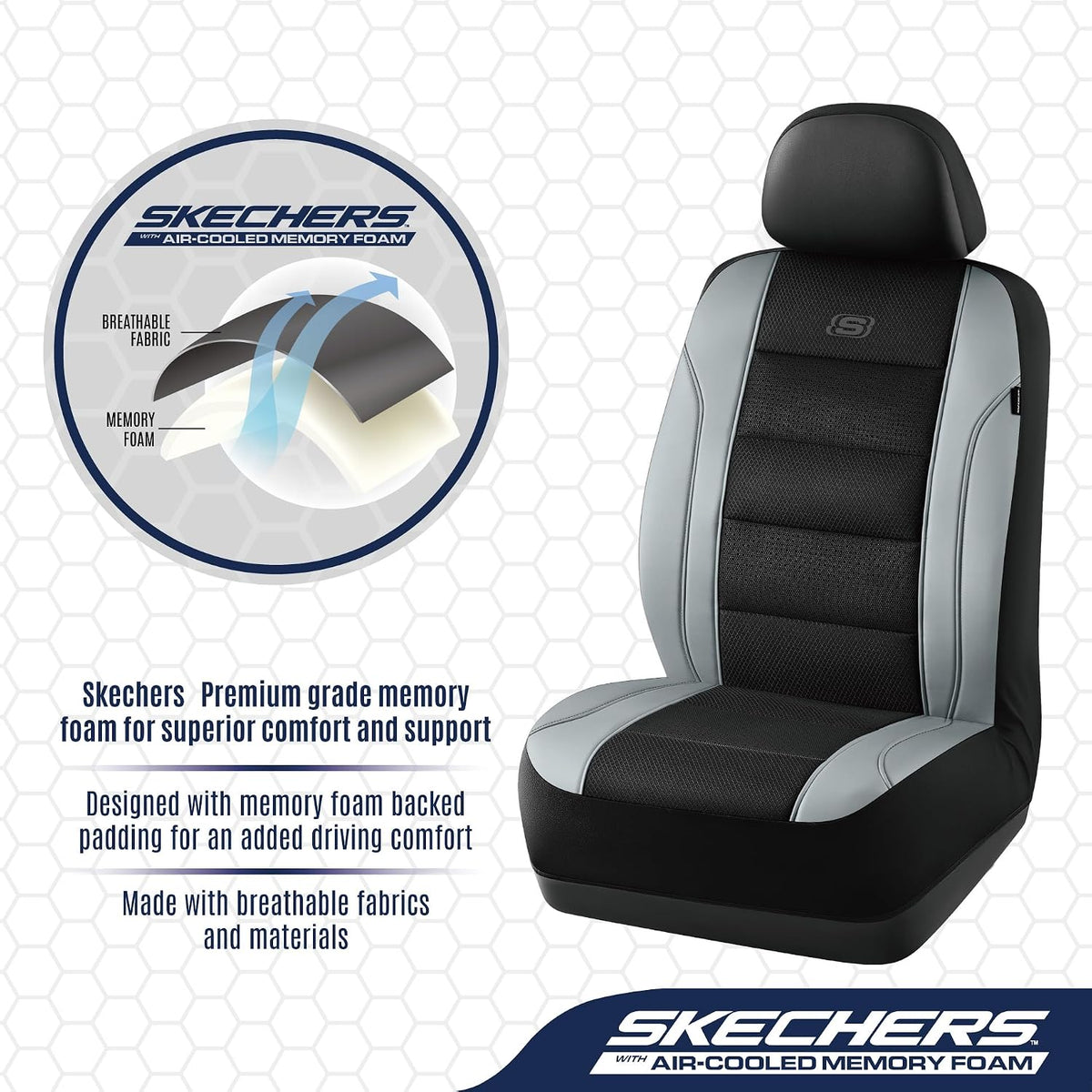 Skechers Air-Cooled Seat Covers, Memory Foam Car Seat Covers Front Seats, Airbag Compatible,Universal Fit for Most Cars, SUVs, Vans and Trucks,Grey