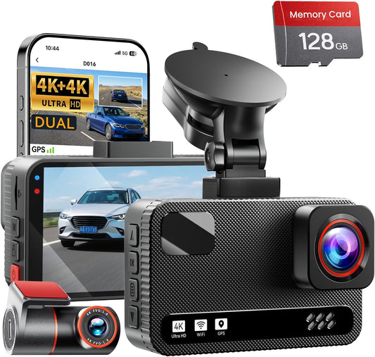 4K+4K Dual Dash Cam Front and Rear, Free 128GB Card, Starlight Night Vision