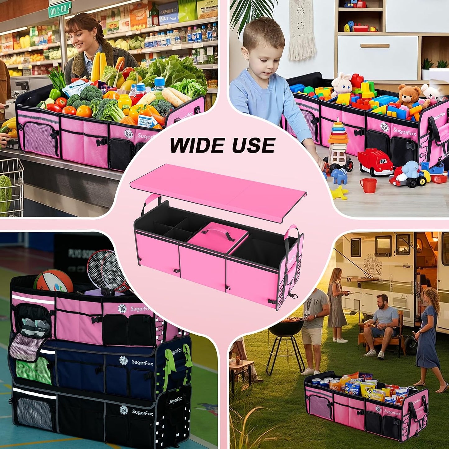 SugarFox Bold Color Block Trunk Organizer | 95L, 35"x13.8"x11.8" | Dedicated Shoe Storage & 26L Ice Pack | Foldable for SUV/Car/Jeep | Stylish Gift & Car Accessories for Men & Women - Pink-X212