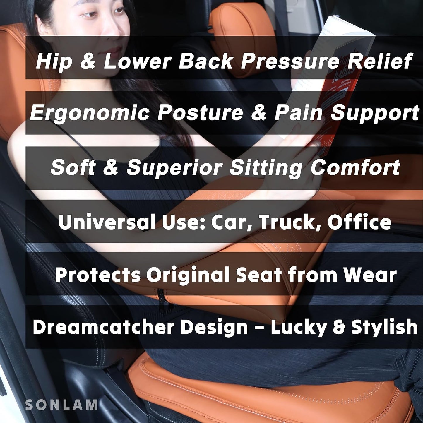 Comfort Dreamcatcher Car Seat Cushion Non-Slip - Relaxing, Optimal Support & Posture for Long Drive (Front Seats (All Black))