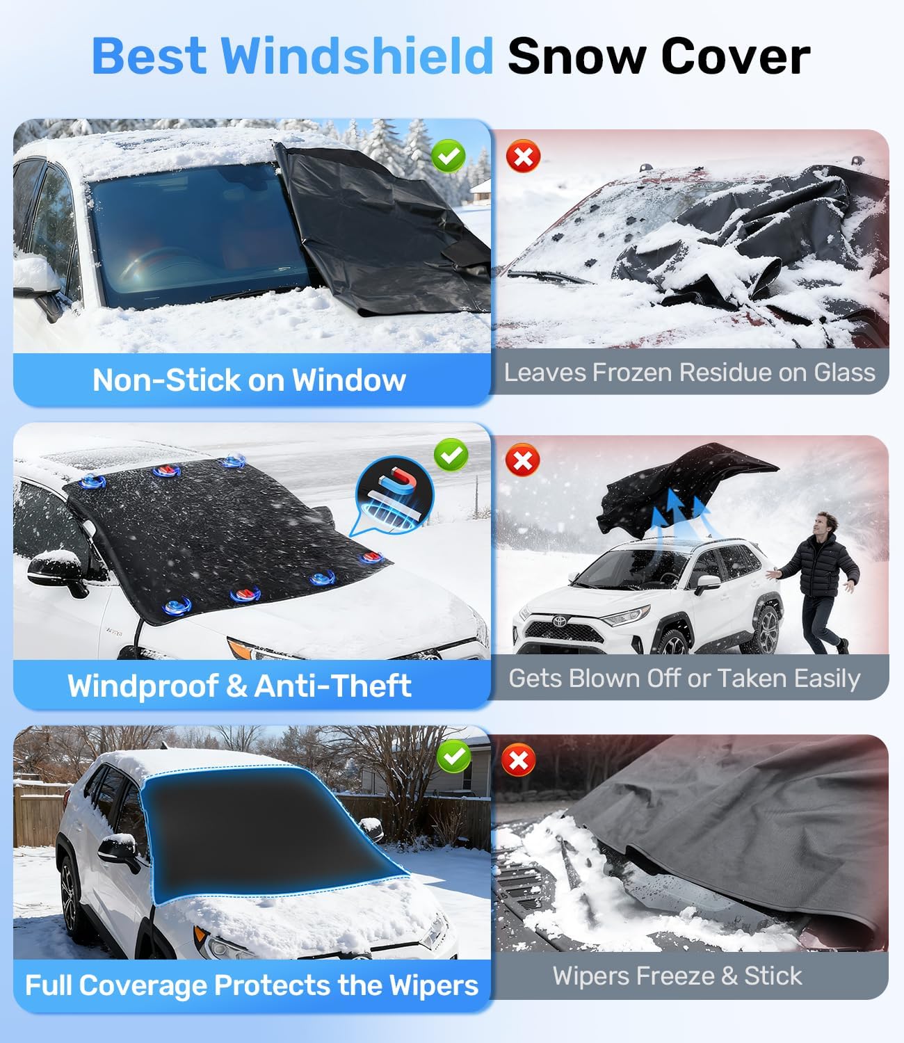 Zanch Upgrade Windshield Cover for Ice & Snow [Fast Install & Removal] 600D Oxford Fabric Against Magnetic Fit Snow, Ice, Frost, Winter Accessories - Fit for Sedan,Small to Mid-Size SUVs - (69''x48'')