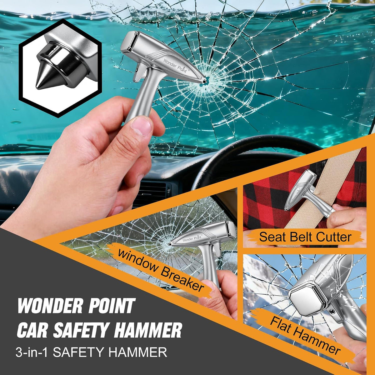 Car Window Breaker, Automotive Safety Hammer With Seatbelt Cutter, 3-in-1 Emergecy Escape Tool Car Metal Window Breaker Seatbelt Cutter, Aluminium Alloy Glass Breaker Hammer(Sliver 2Pack)