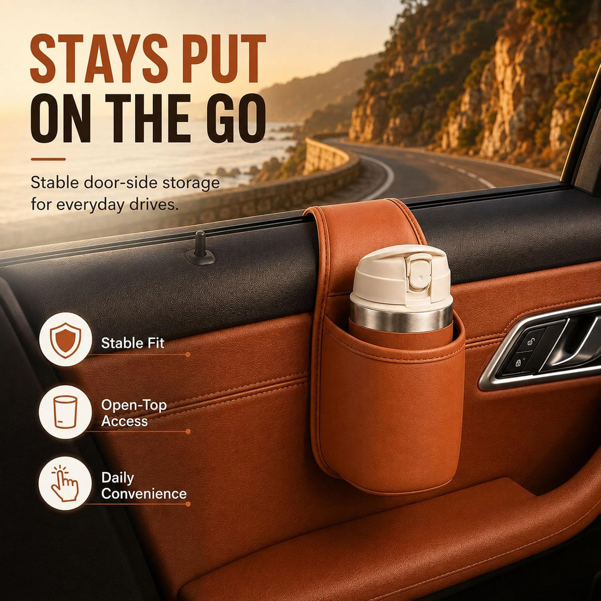 2027 Leather Car Door Cup Holder for Window, Wide-Mouth Organizer for Drinks & Phone (2Orange)