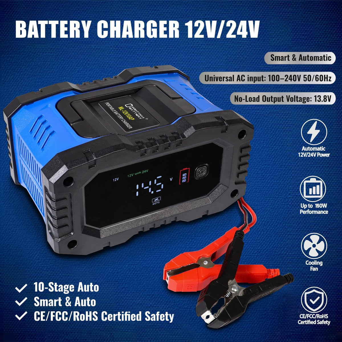 Mighty Max Battery 12V/24V 10Amp Smart Automatic Charger & Maintainer with Restoration, Desulfator, and Winter Mode for for Car, RV, Boat, Truck, Motorcycle - Lithium, AGM, SLA, Gel, Wet, Deep Cycle