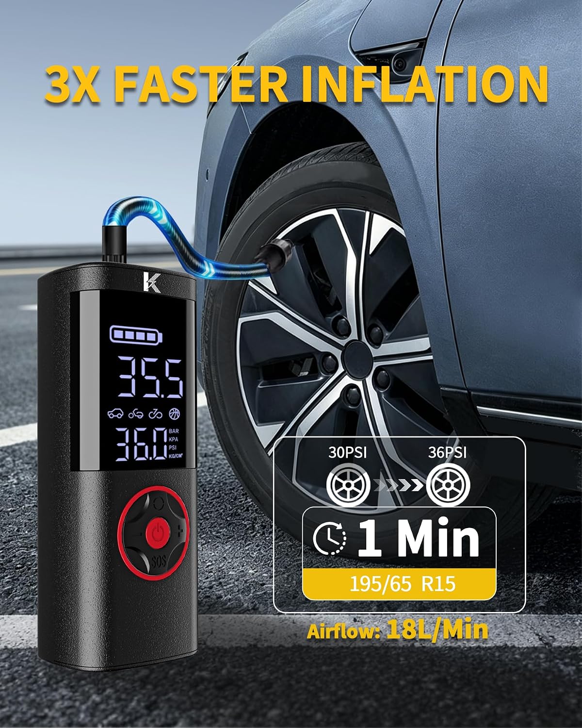 Tire Inflator, Portable Air Compressor for Car, 150 PSI
