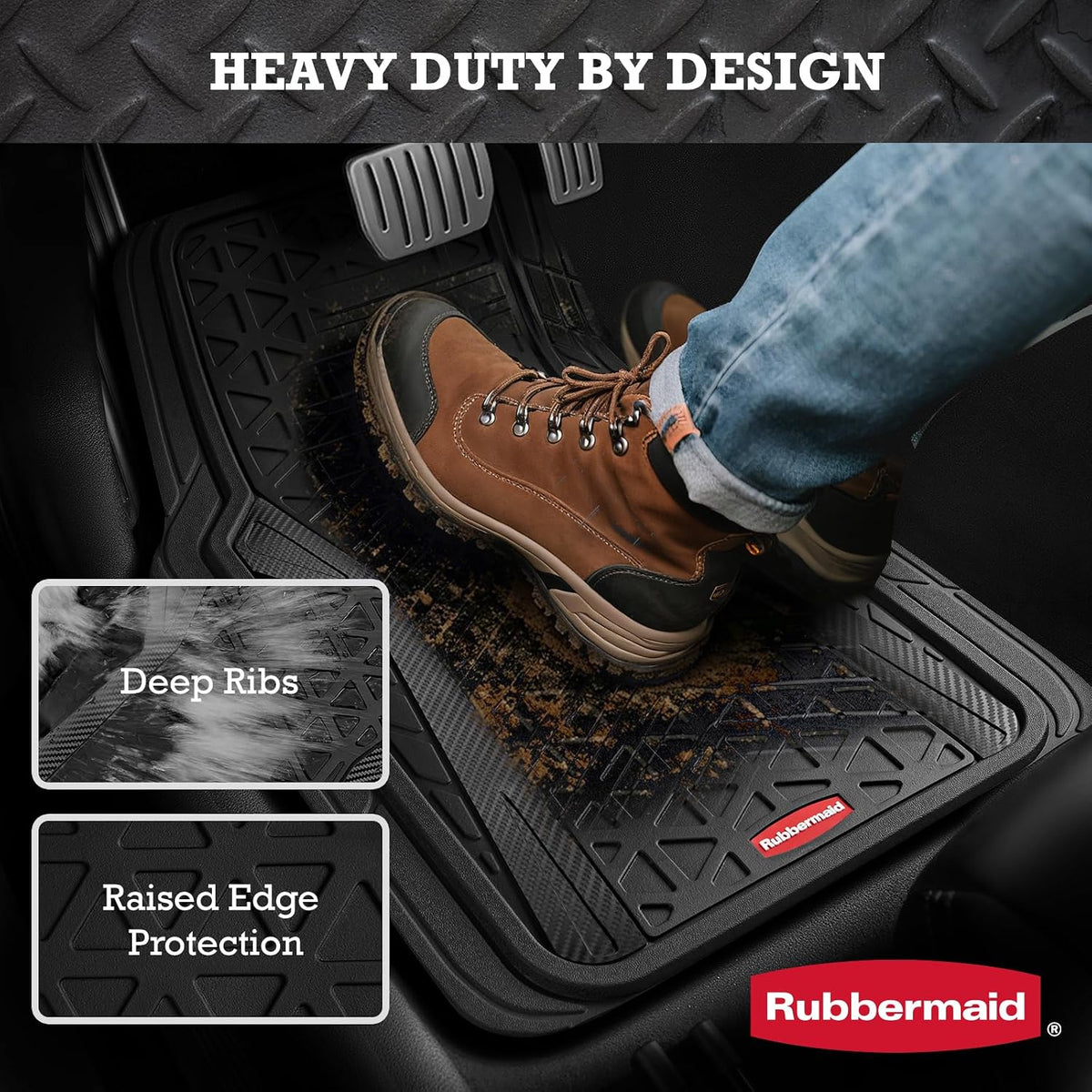 Rubbermaid Car Floor Mats Full Set, Premium Heavy Duty All-Weather Car Mats– Rugged Rubber with Brushed Aluminum Inserts, Universal Trim-to-Fit, Anti-Slip Backing for Cars, SUVs, Trucks & Vans - Black