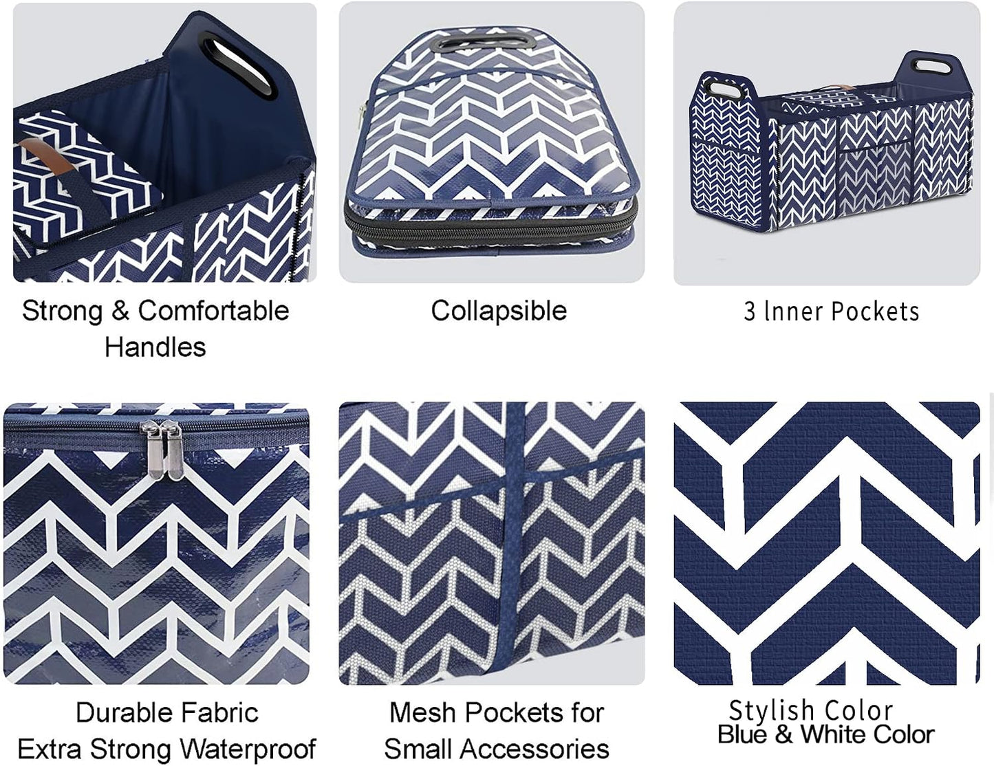 Orionstar Trunk Organizer, Foldable Car Storage Bag Insulation Cooler Bag | Collapsible Vehicle Organizer Divider Storage Totes with 3 Compartment Cargo Tote for SUV, Navy Blue