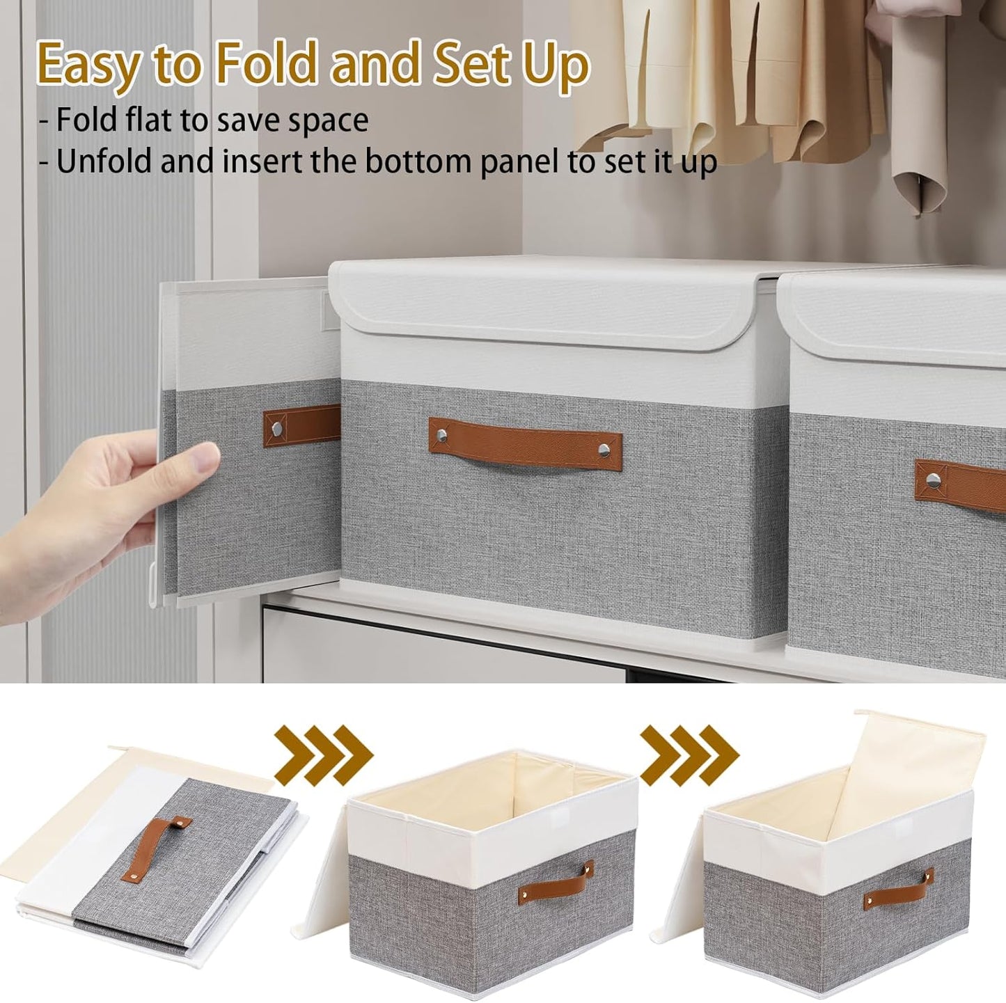 Yawinhe Collapsible Storage Bins, Decorative Storage Basket Boxes with Lids, Cube Closet Organizer Basket with Handles for Home Decor, Storage Containers for Organizing,Grey and White, SNK024WGN-1