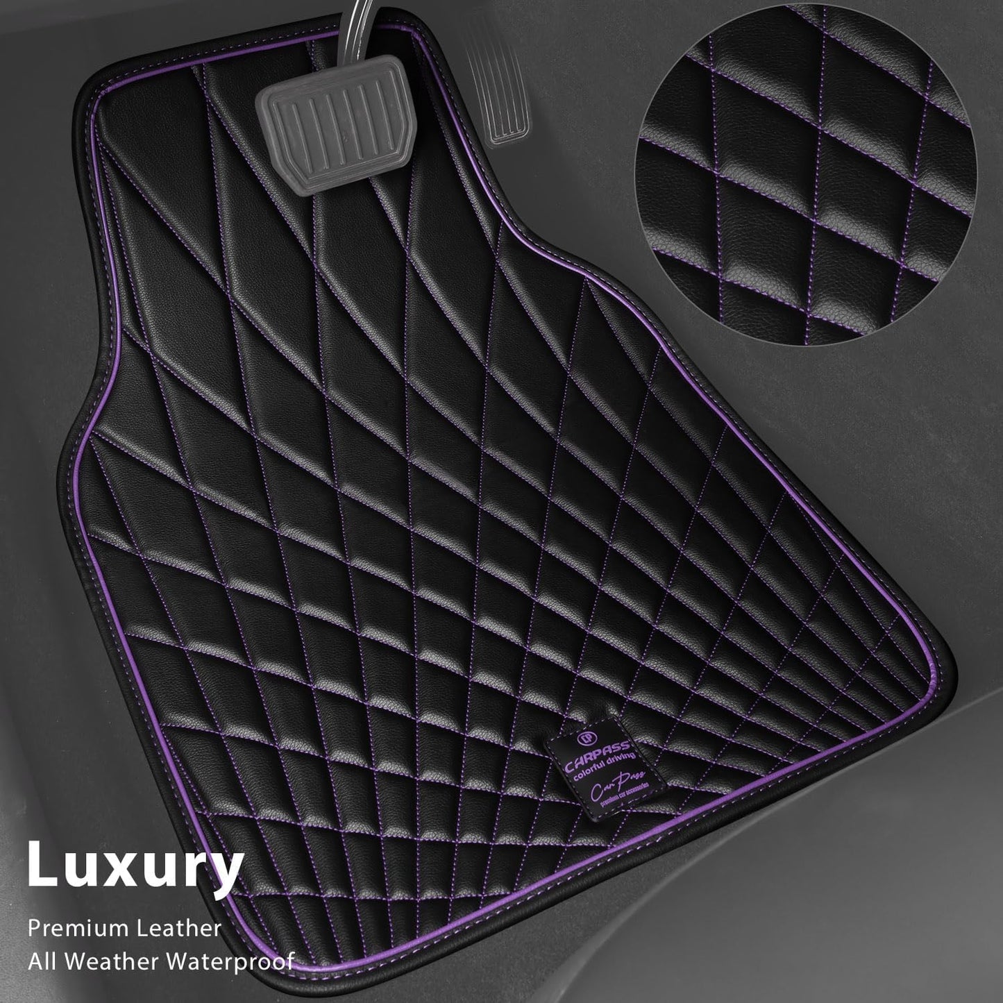 CAR PASS Faux Leather Floor Mats for Cars, Luxury Waterproof All Weather Car Mats Full Set, Anti-Slip Deluxe Automotive Mats Universal Fit for Most SUV Vans Sedans Trucks, 4 Piece Black and Purple