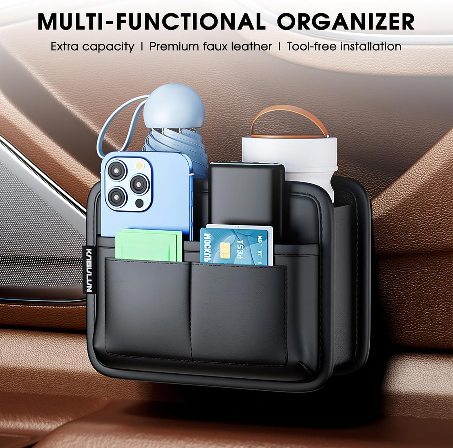 LEIWOOR Car Door Organizer & Cup Holder, Multifunctional Car Storage Box, Trash Can, Large Capacity Storage Bag, Foldable Side Storage Pouch, Interior Accessory for Sedan SUV Truck (Multi-Pocket Pro)