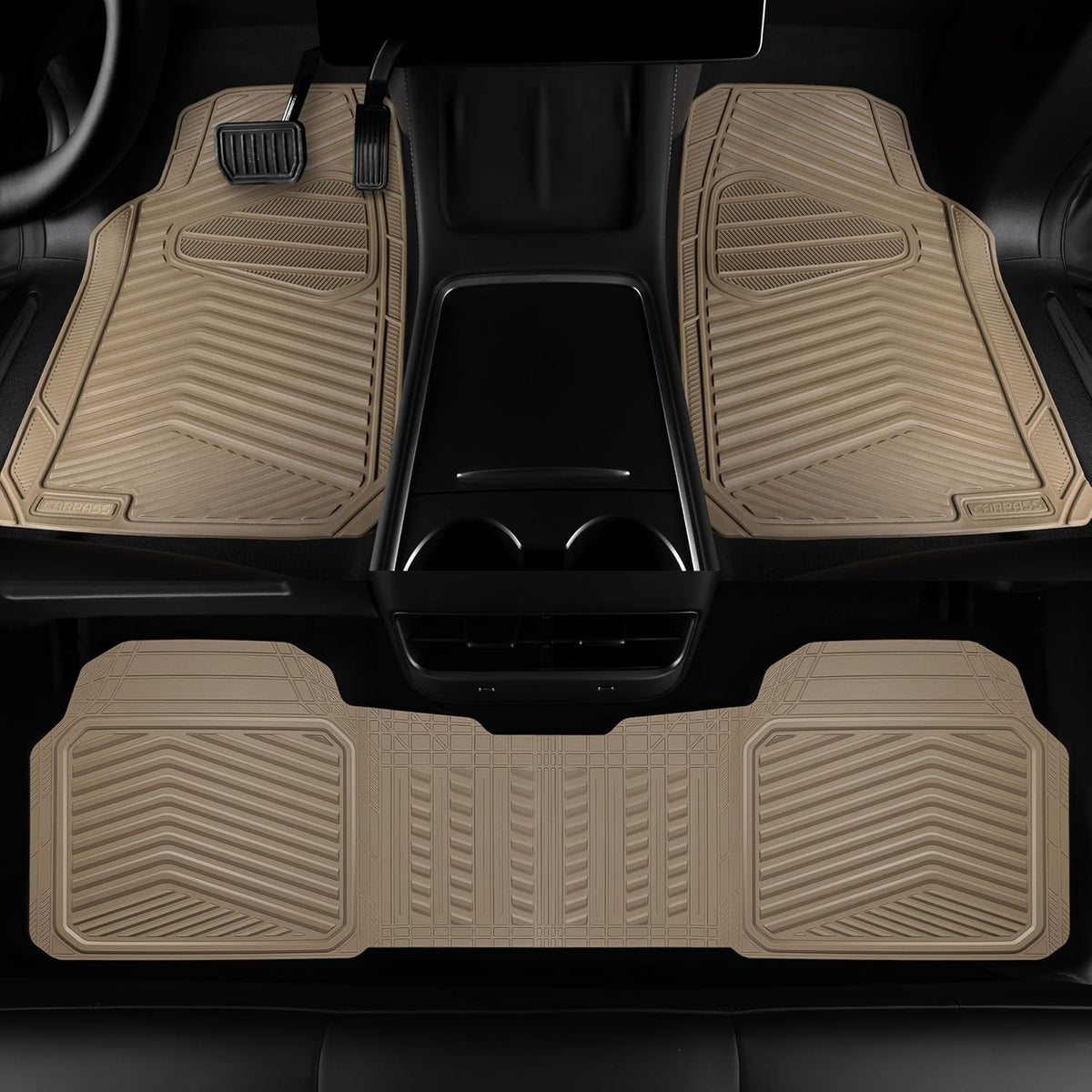 CAR PASS Rubber Car Mats, Waterproof Car Floor Mats All Weather Car Mat Full Set 3 Piece, Tan Automotive Floor Mat Trim to Fit for Cars Sedan SUVs Trucks, Anti-Slip Easy Clean, All Beige