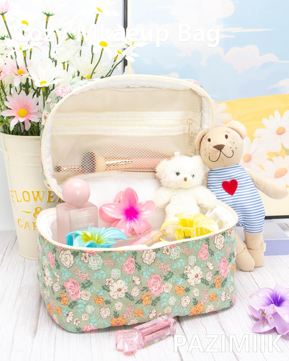 3 Piece Quilted Makeup Bag Set for Women,Cosmetic&Toiletry Bag,Green Flower