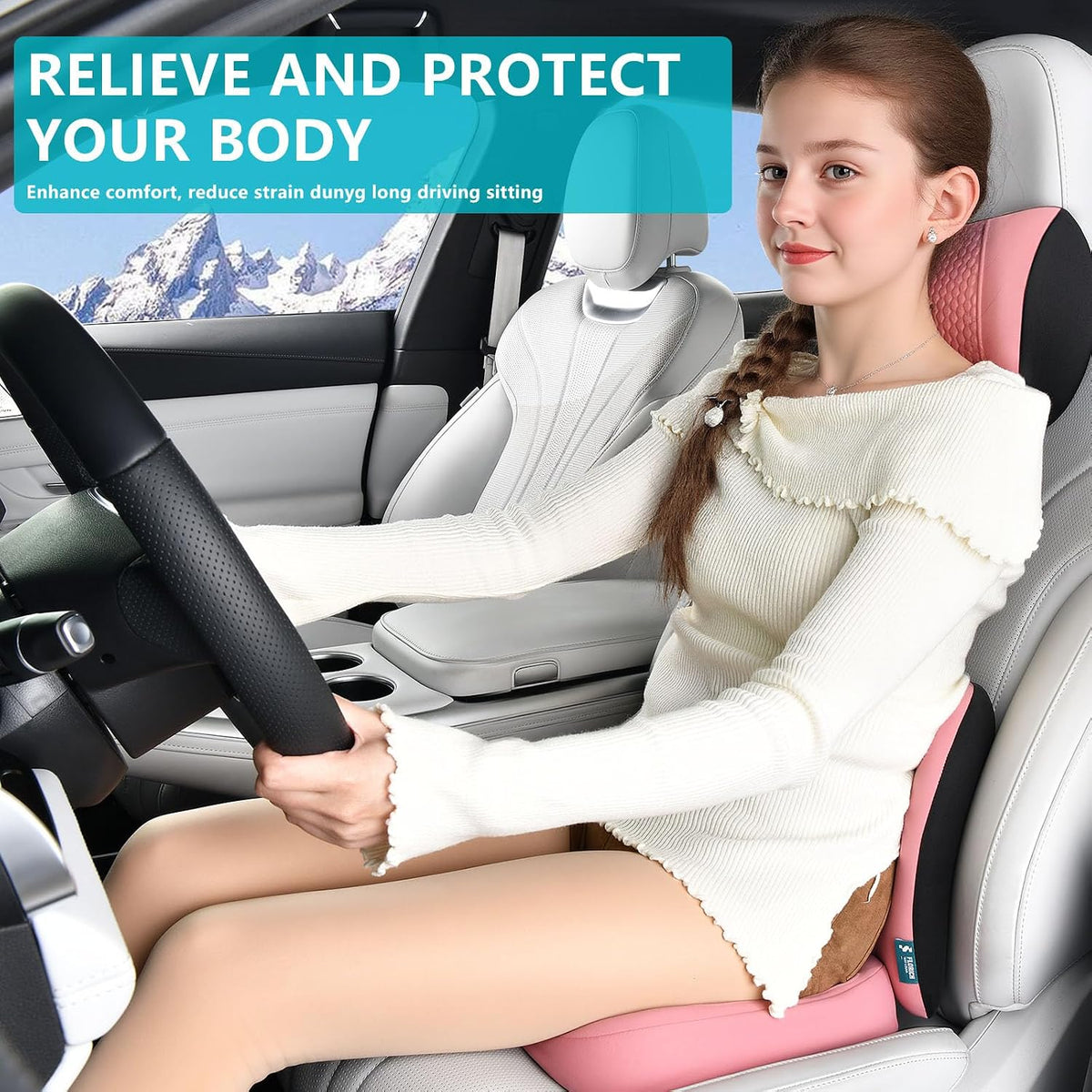 FLORICH 3 PCS Seat Cushion for Carseat Lumbar Support Pillow Car Neck Headrest Pillow 100% Memory Foam Seat Pads Pressure Relief Back Cushion for Office Chair(Light Pink)