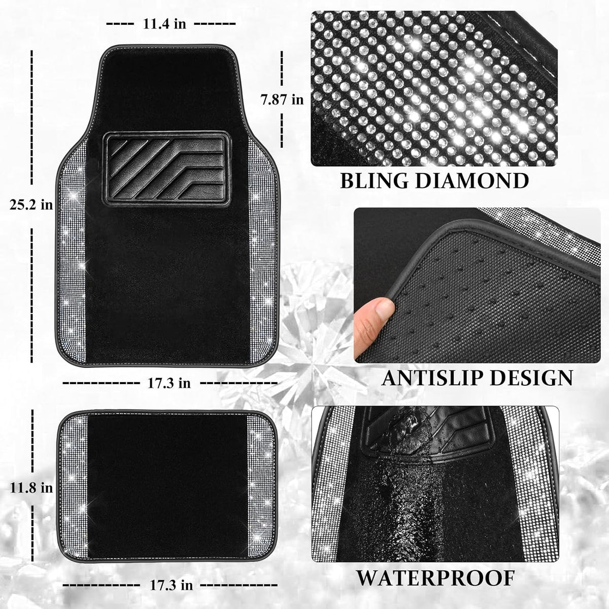 CAR PASS Bling Diamond Leather Steering Wheel Cover 14.5in-15in Floor Mats Shining Rhinestone Carpet Sparkly Glitter Crystal Anti-Slip Pad Fit Automotive SUV Pickup Truck Girl Women, 5pcs Black Sliver