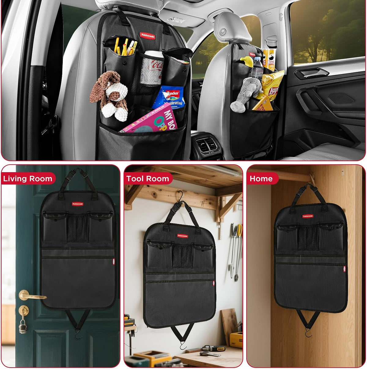 Rubbermaid Backseat Car Organizer, Kick Mats and Seat Back Protector, Car Organizer for Kids with 6 Storage Pockets, Travel Essentials for SUV, Truck, Car - 2 packs Black