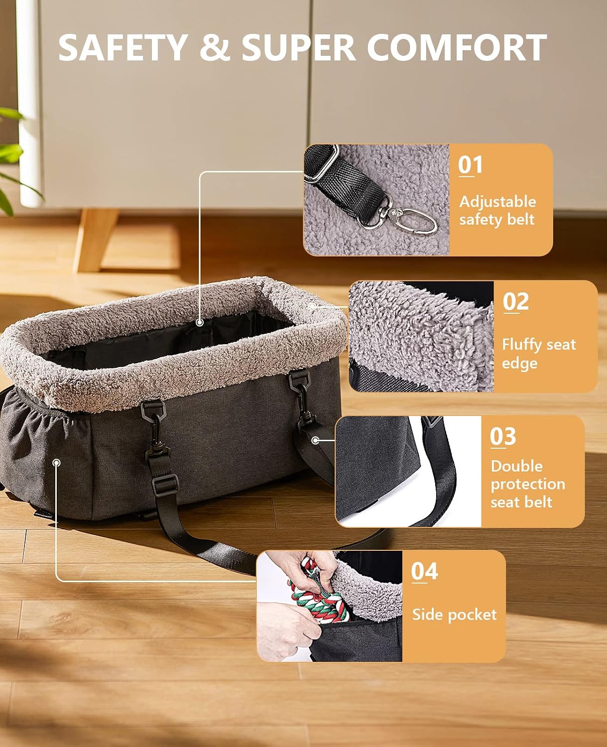 BurgeonNest Center Console Dog Car Seat for Small Dogs up to 9lbs - Sturdy Metal Frame Anti-Collapse Pet Booster Seat for Car Armrest, Dual Safety Belts & Washable Cushion, Grey